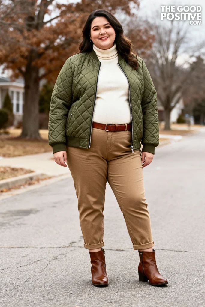 Plus Size Quilted Jacket With Turtleneck And Chinos Outfit