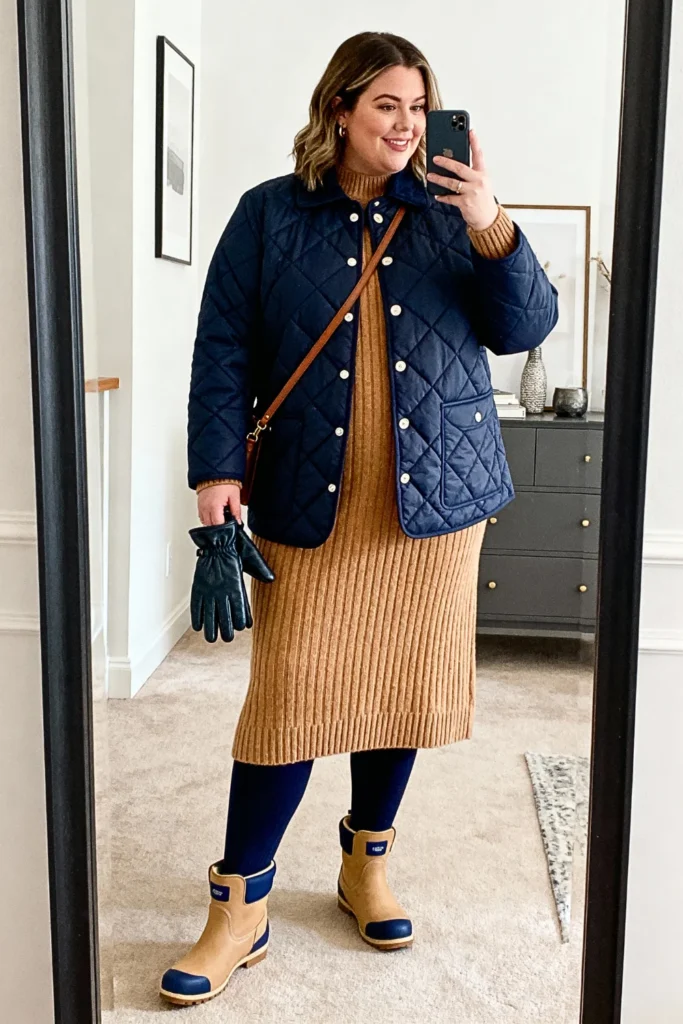 Plus Size Quilted Jacket with Knit Dress Outfit