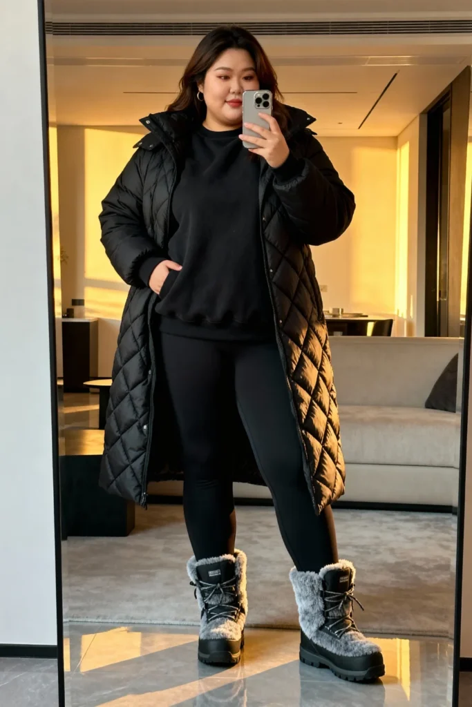 Plus Size Quilted Puffer Coat and Leggings Outfit