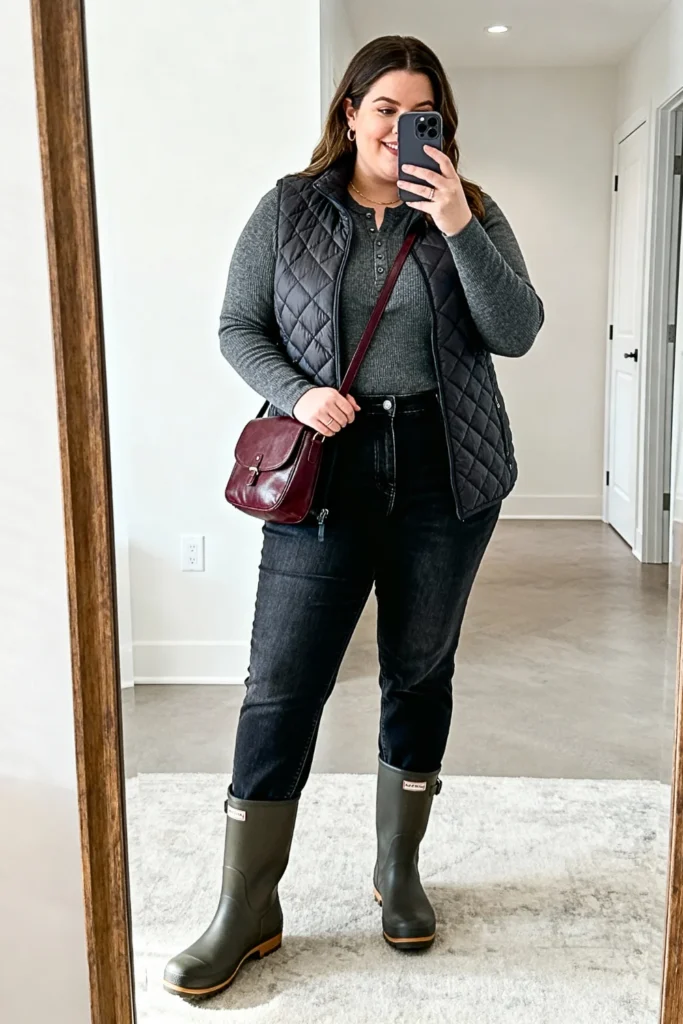 Plus Size Quilted Puffer Vest Layered Outfit