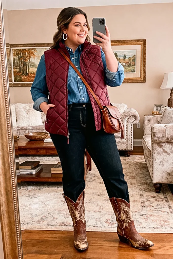 Plus Size Quilted Puffer Vest Over Chambray Outfit
