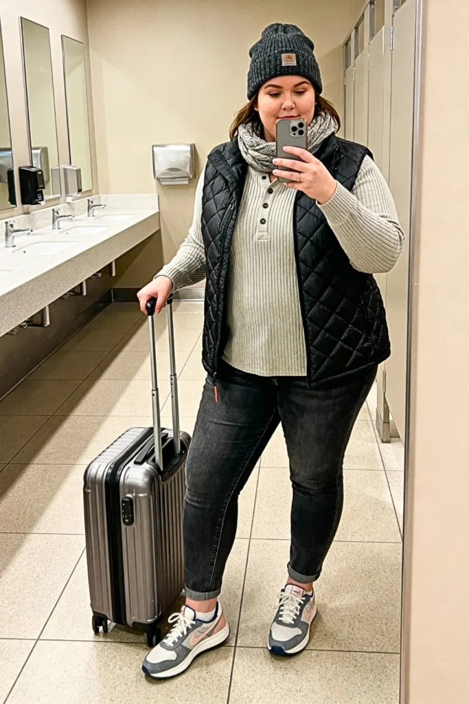 Plus Size Quilted Puffer Vest Over Thermal Henley Outfit