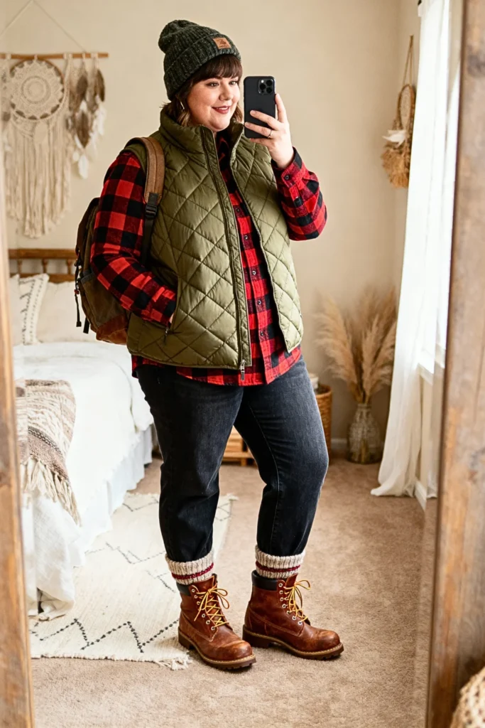Plus Size Quilted Puffer Vest with Plaid Shirt Outfit