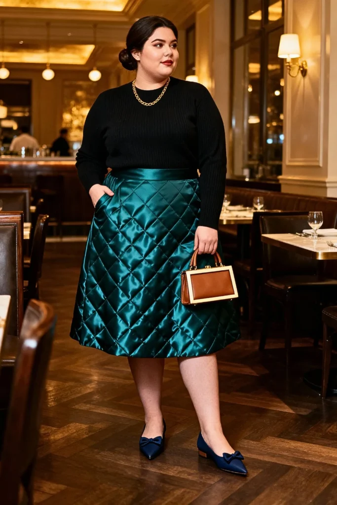 Plus Size Quilted Satin Skirt with Fine Knit Sweater Outfit