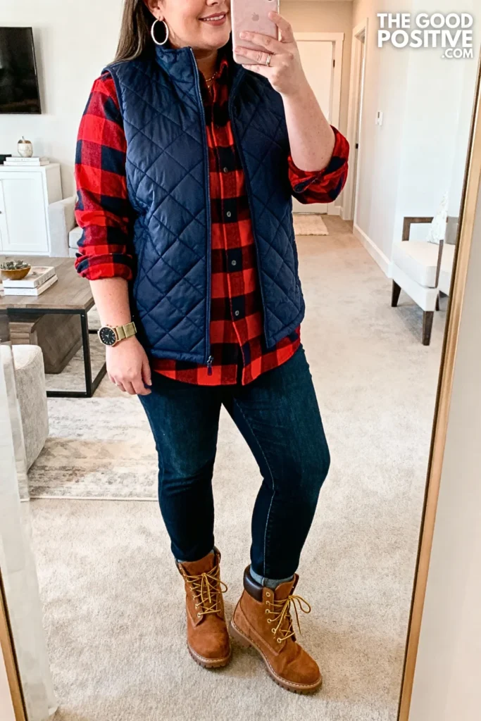 Plus Size Quilted Vest Over Flannel Outfit