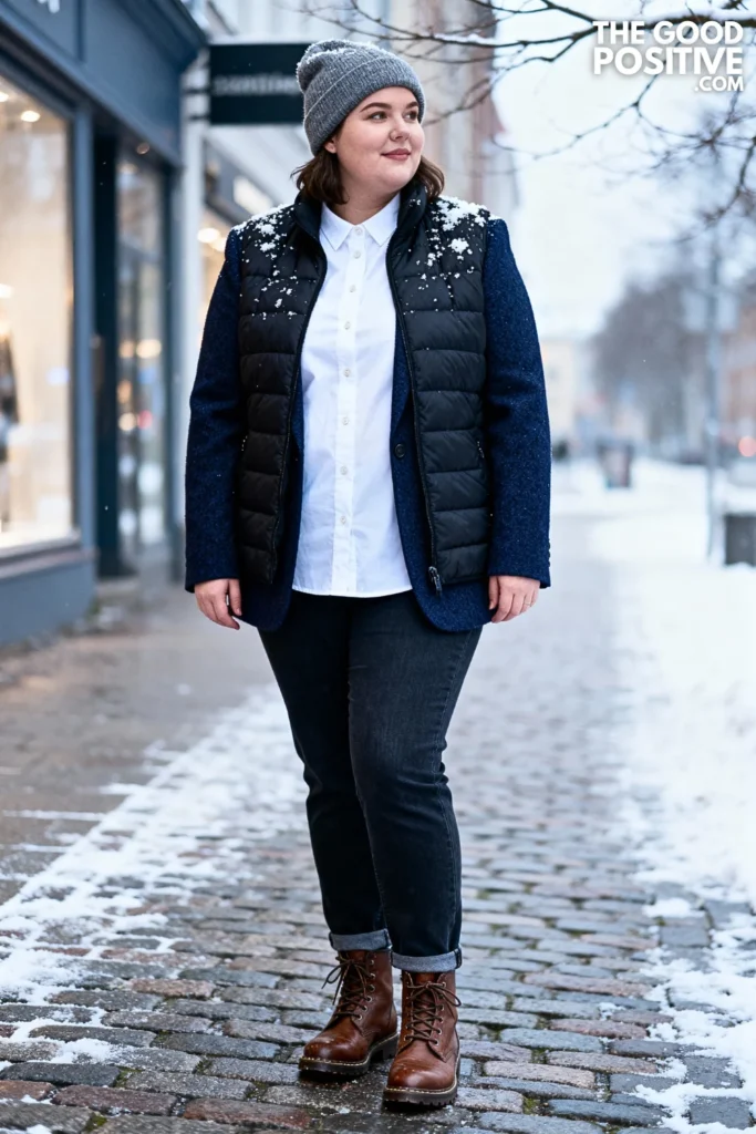 Plus Size Quilted Vest Over Wool Blazer and Jeans Outfit