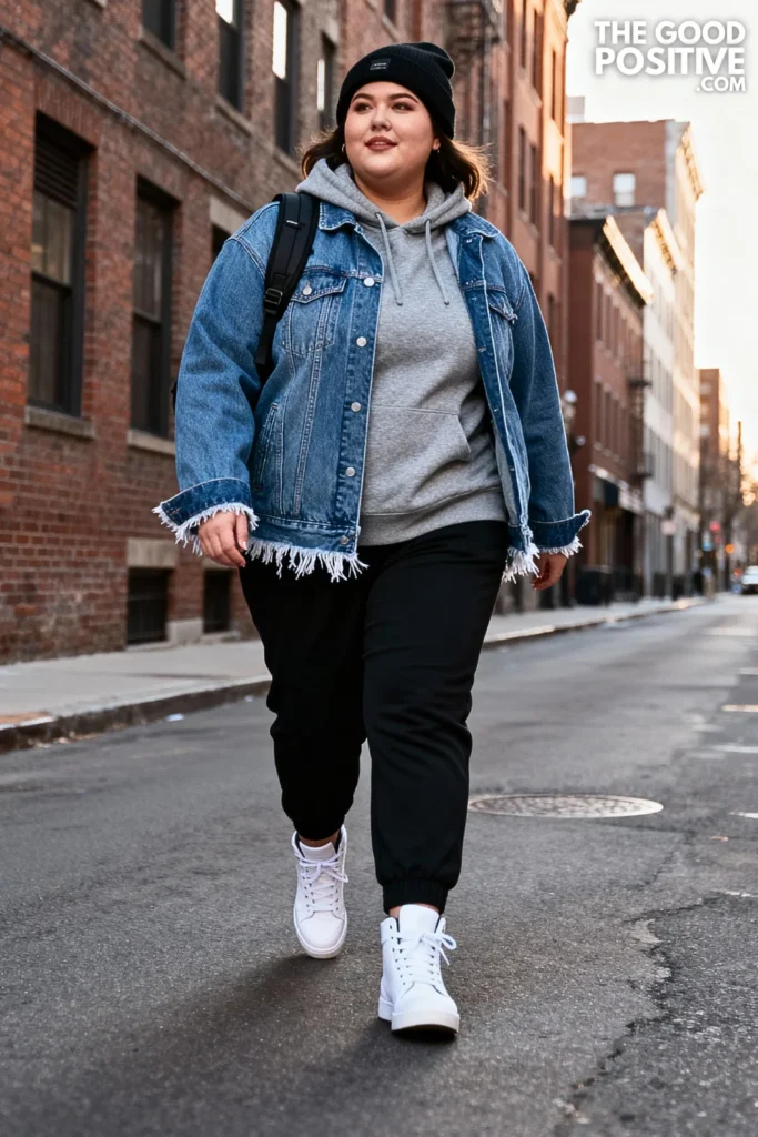 Plus Size Raw Hem Denim Jacket With Hoodie Outfit