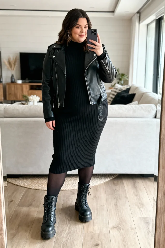Plus Size Ribbed Knit Midi Dress and Combat Boots Outfit