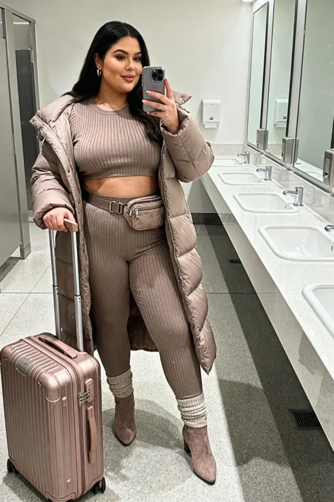 Plus Size Ribbed Knit Set with Long Puffer Coat Outfit