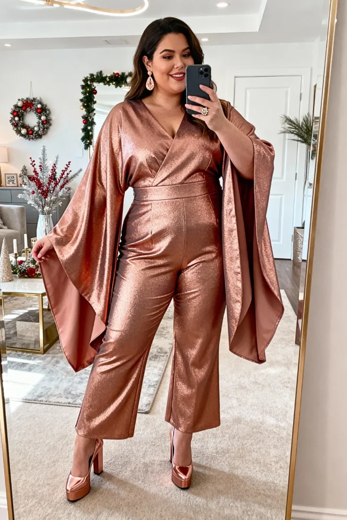 Plus Size Rose Gold Jumpsuit with Kimono Sleeves Outfit