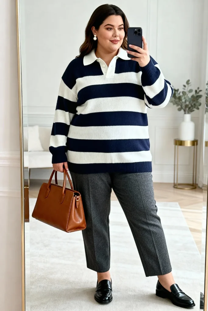 Plus Size Rugby Stripe Sweater and Wool Trousers Outfit