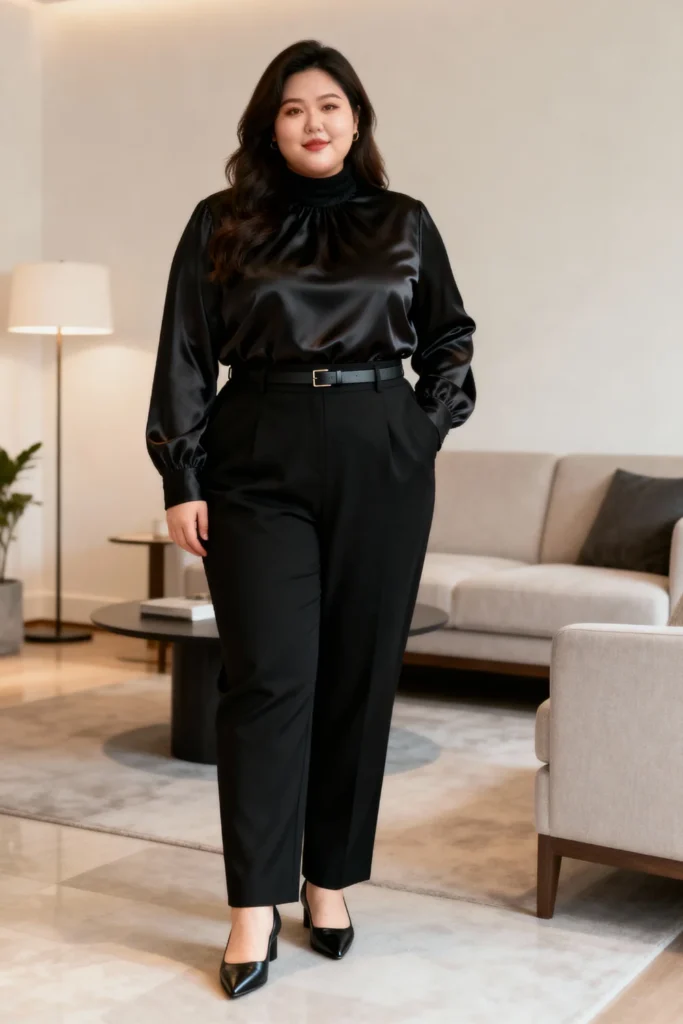 Plus Size Satin Blouse and Trouser Pants Outfit