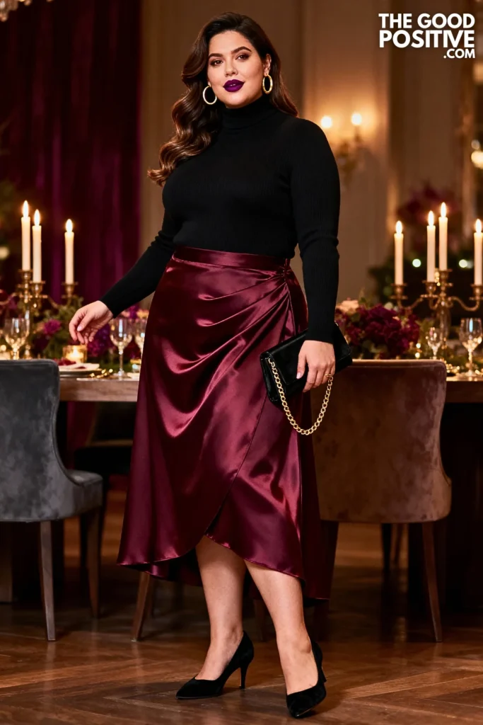 Plus Size Satin Midi Skirt with Turtleneck Outfit