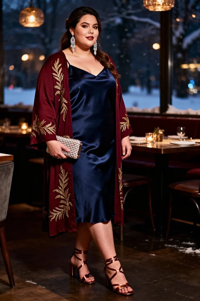 Plus Size Satin Slip Dress with Embroidered Cardigan Outfit