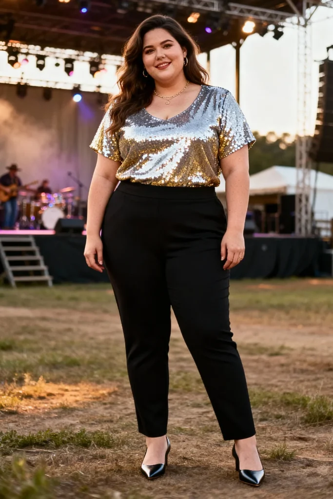 Plus Size Sequin Top and Black Pants Night Outfit