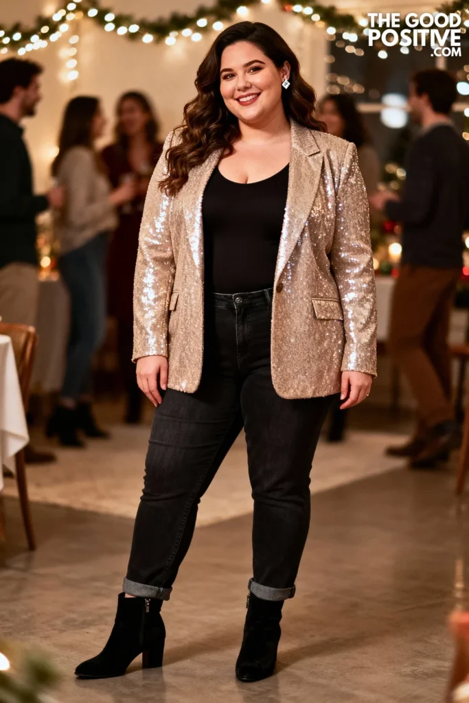 Plus Size Sequined Blazer with Dark Jeans Outfit