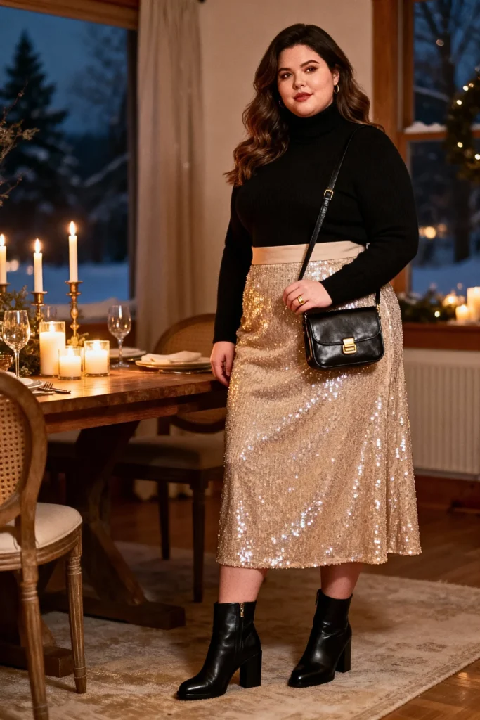 Plus Size Sequined Midi Skirt with Cashmere Turtleneck Outfit