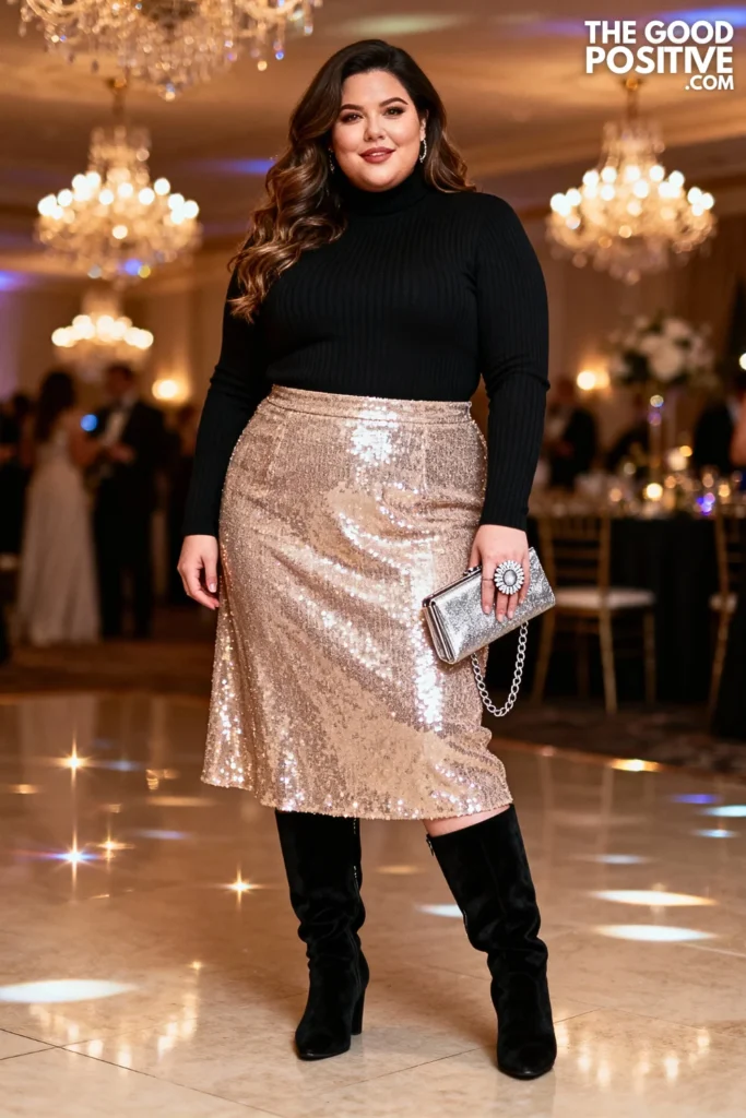 Plus Size Sequined Midi Skirt with Turtleneck Outfit
