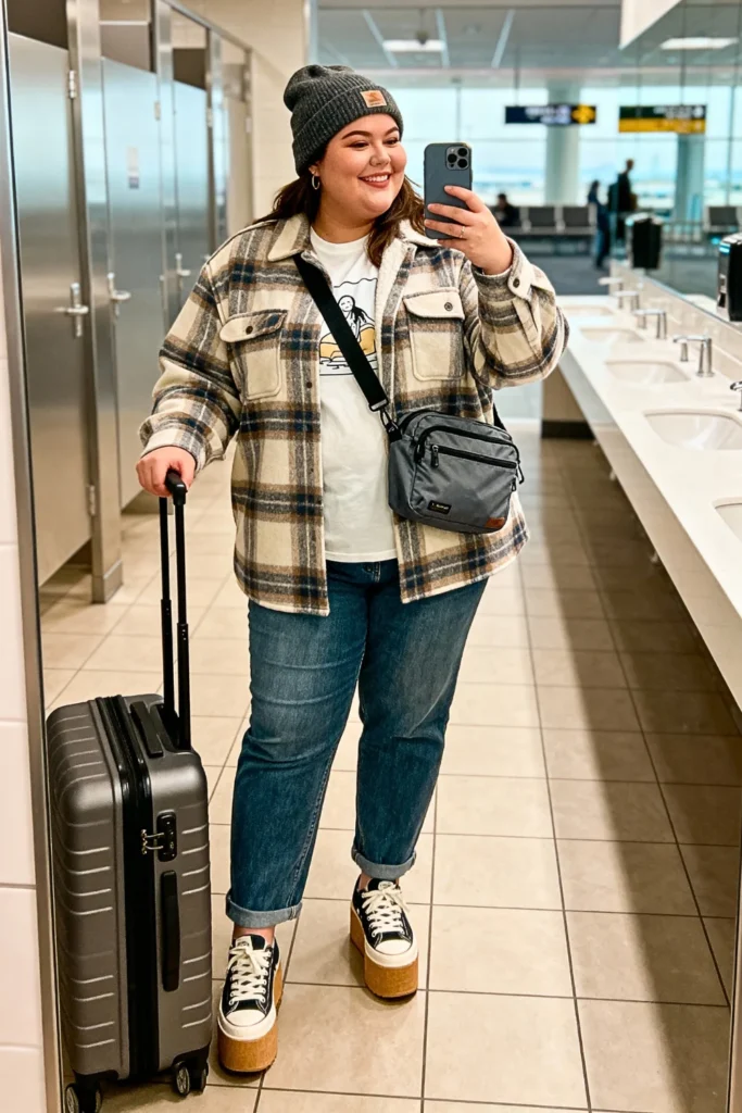 Plus Size Shacket Over Graphic Tee with Straight Jeans Outfit