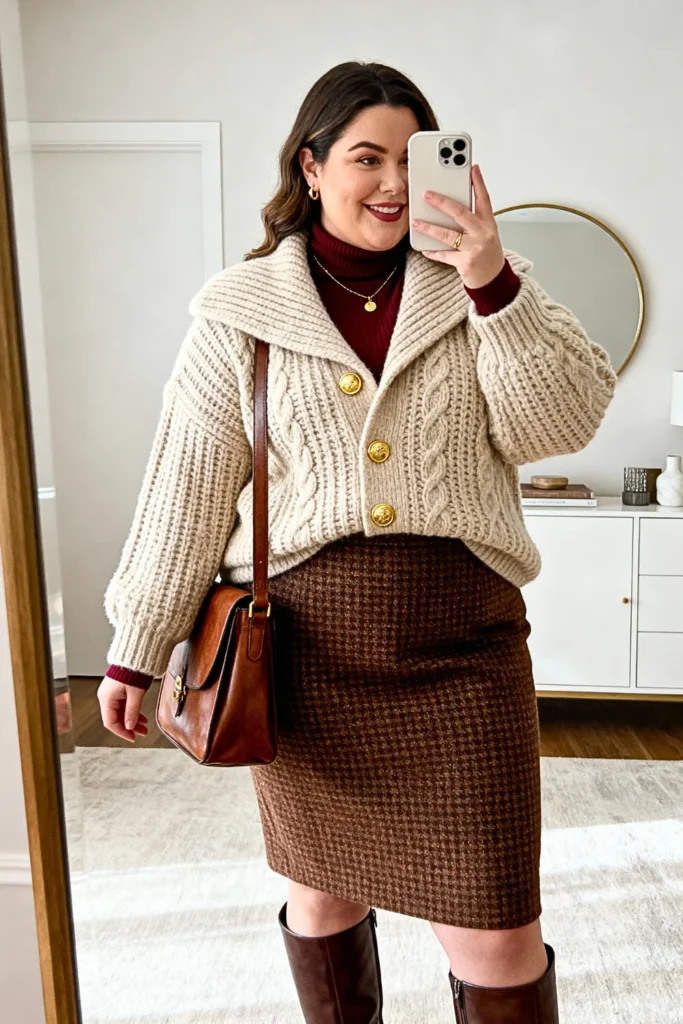 Plus Size Shawl Collar Cardigan and Tweed Skirt Outfit