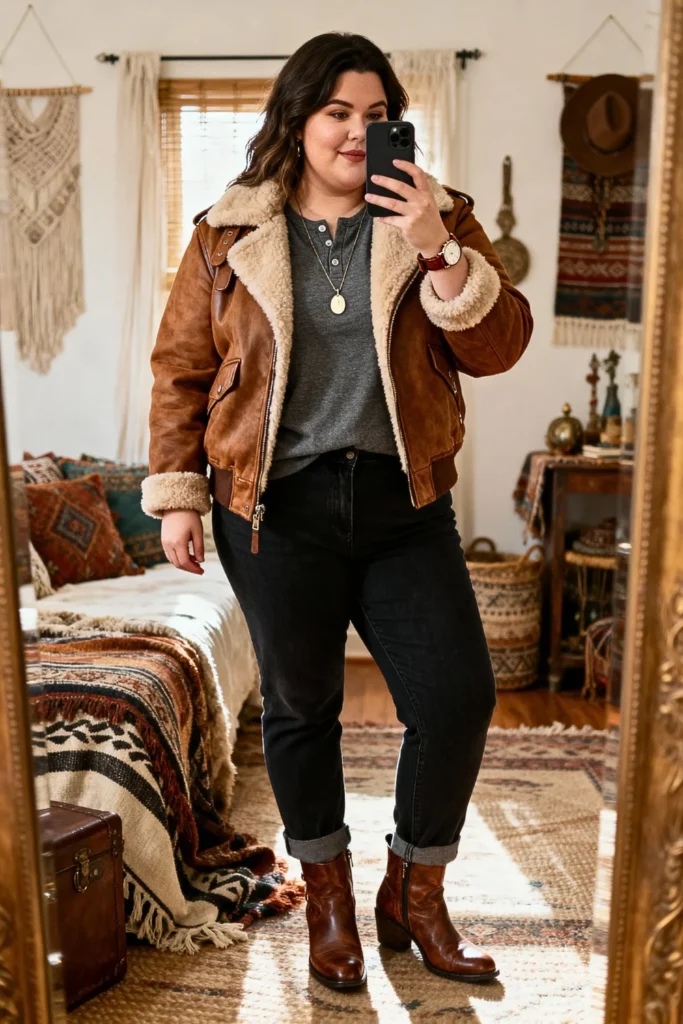 Plus Size Shearling Aviator Jacket with Henley and Jeans Outfit