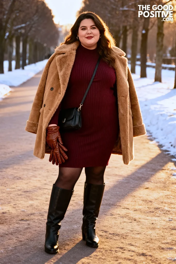 Plus Size Shearling Coat with Knit Dress and Tall Boots Outfit