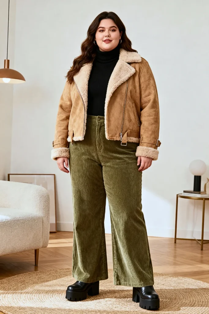 Plus Size Shearling Jacket and Corduroy Pants Outfit