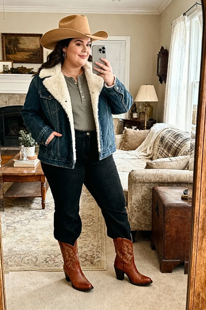 Plus Size Shearling-Lined Denim Jacket With Bootcut Jeans Outfit