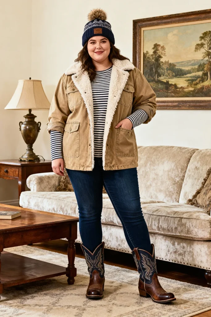 Plus Size Sherpa-Collar Barn Jacket With Jeggings Outfit