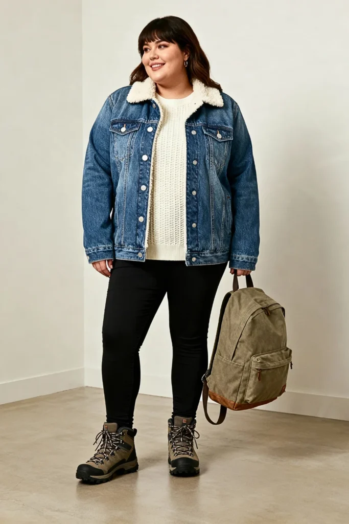 Plus Size Sherpa-Lined Denim Jacket Outfit