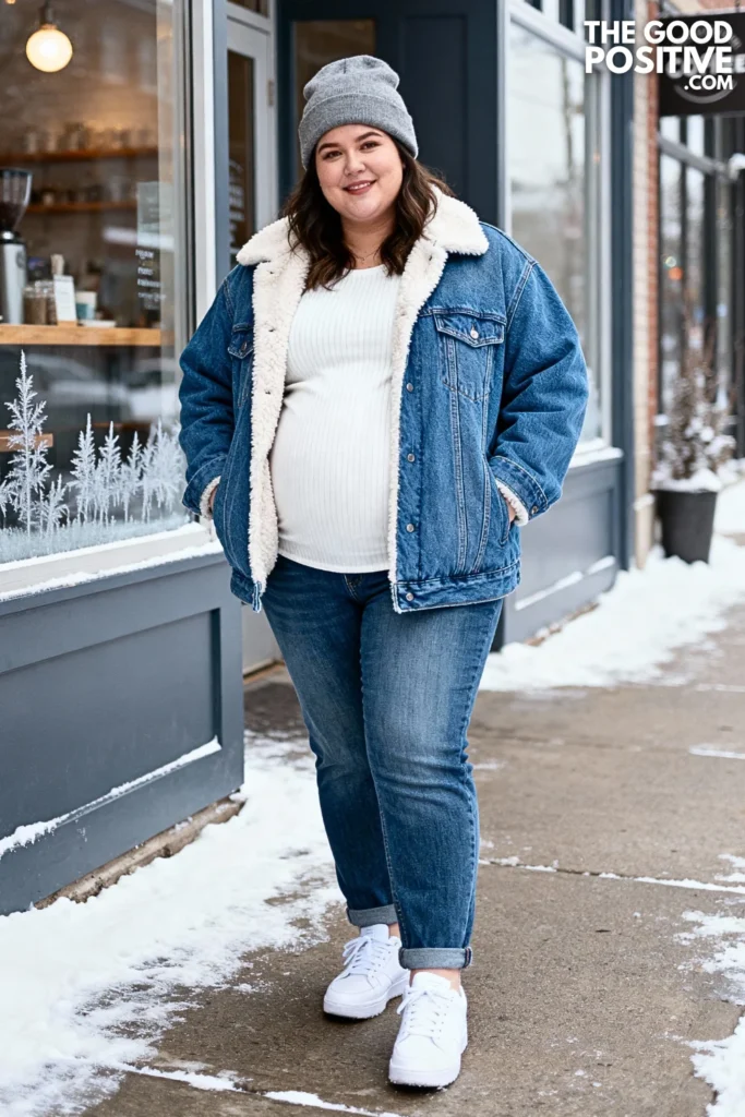 Plus Size Sherpa-Lined Denim Jacket With Thermal Top Outfit