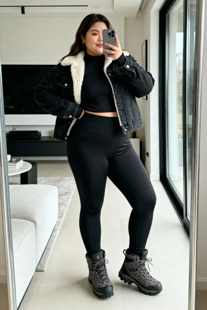 Plus Size Sherpa-Lined Denim Jacket and Thermal Leggings Outfit