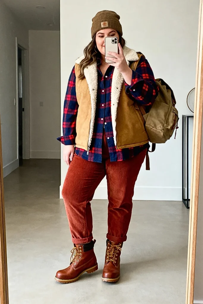 Plus Size Sherpa-Lined Vest and Flannel Shirt Outfit