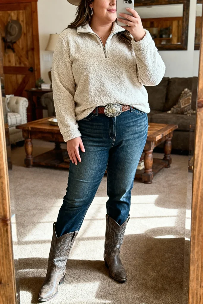 Plus Size Sherpa Pullover With Western Belt And Jeans Outfit