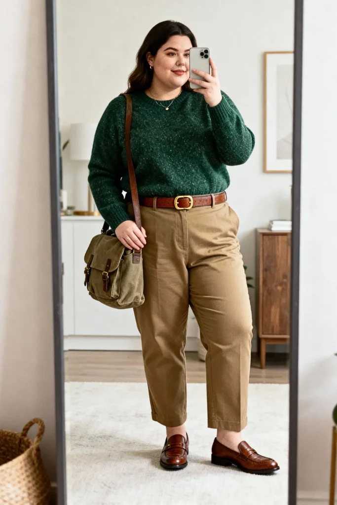 Plus Size Shetland Sweater and Khaki Pants Outfit