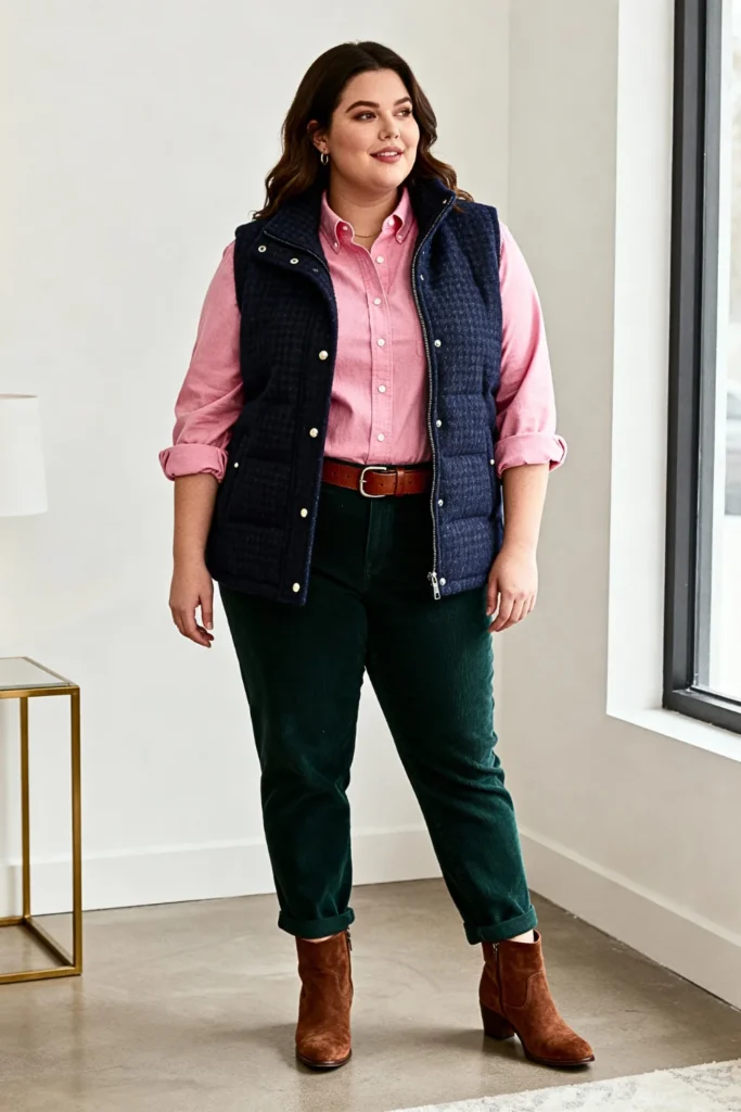 Plus Size Shetland Vest and Button-Down Shirt Outfit
