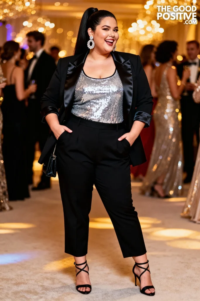 Plus Size Sparkly Tank with Blazer and Pants Outfit