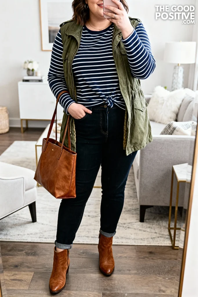 Plus Size Striped Shirt and Utility Jacket Outfit