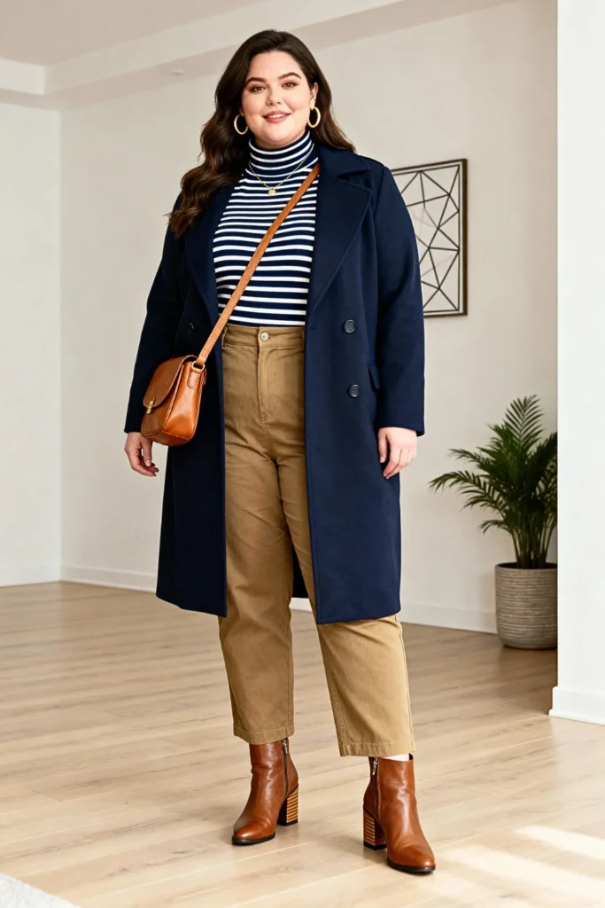 Plus Size Striped Turtleneck and Khaki Pants Outfit