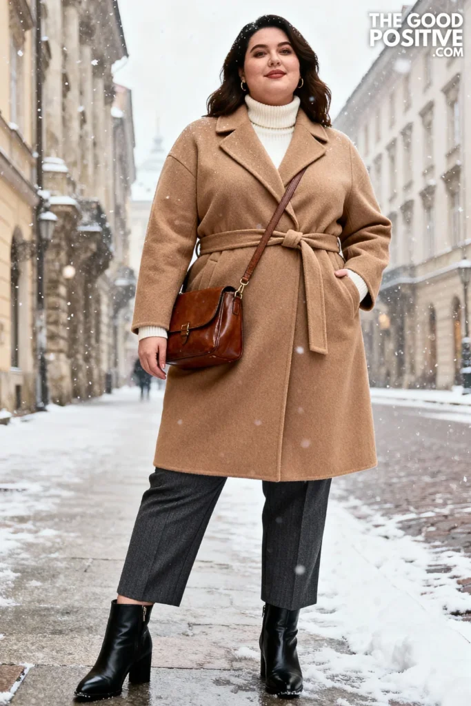 Plus Size Structured Wool Coat with Turtleneck and Slim Trousers Outfit