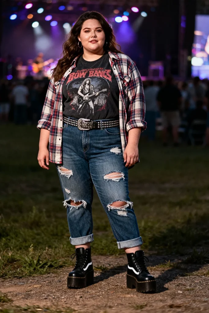 Plus Size Studded Belt and Distressed Jeans Rock Outfit