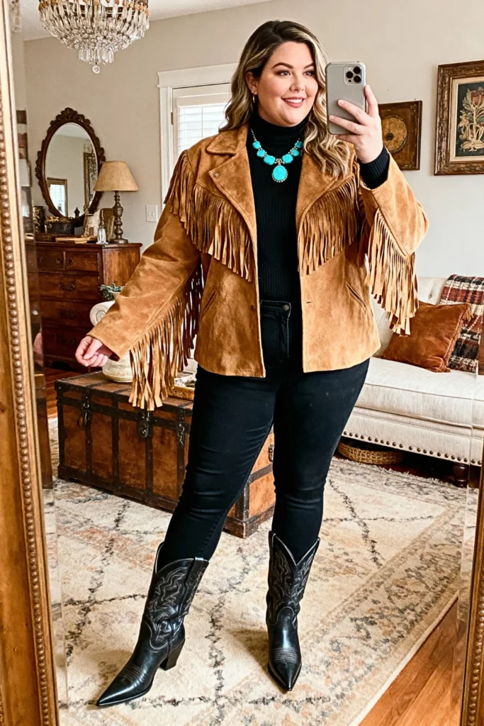 Plus Size Suede Fringe Jacket With Black Skinny Jeans Outfit