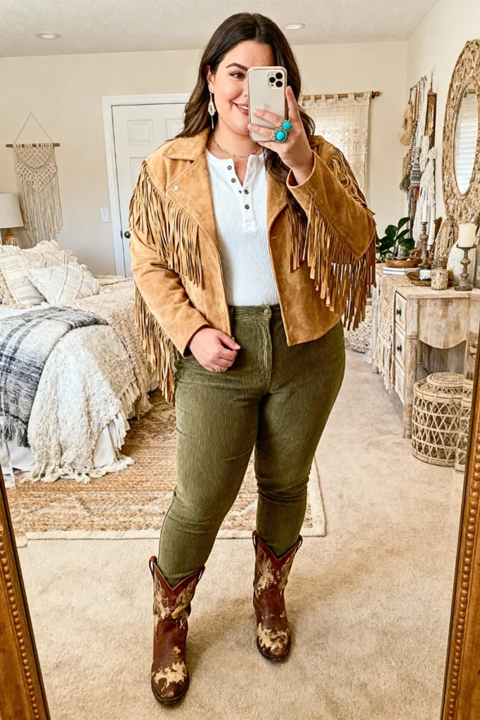 Plus Size Suede Fringe Jacket with Henley and Cords Outfit