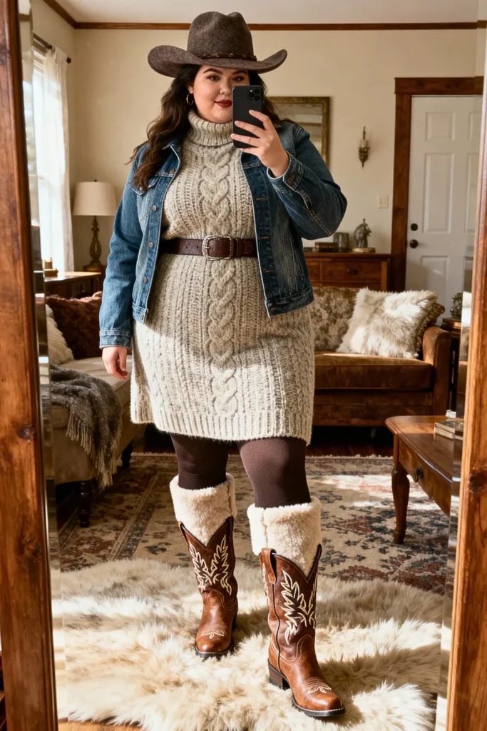 Plus Size Sweater Dress With Cowgirl Boots Outfit