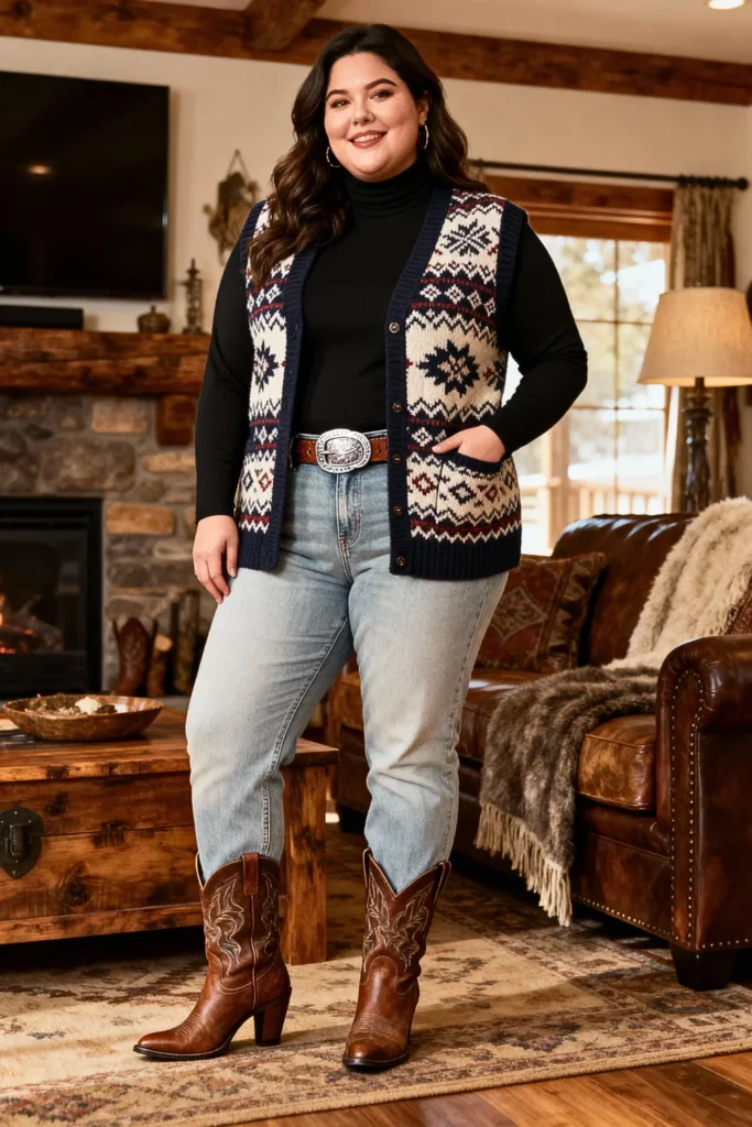 Plus Size Sweater Vest Over Turtleneck With Jeans Outfit