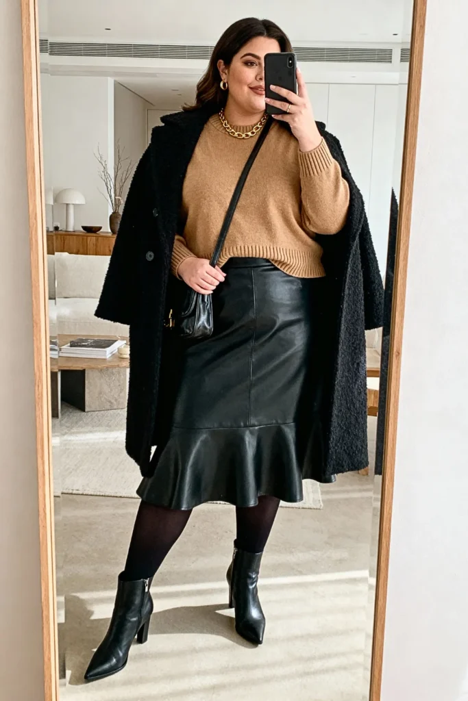 Plus Size Tan Sweater and Leather Skirt Outfit