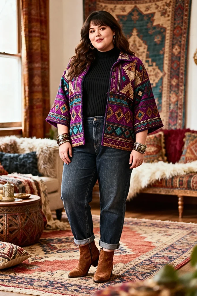 Plus Size Tapestry Jacket with Thermal Top and Jeans Outfit