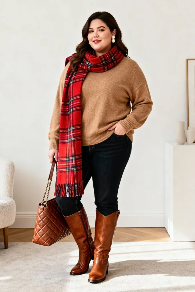 Plus Size Tartan Scarf and Camel Sweater Outfit