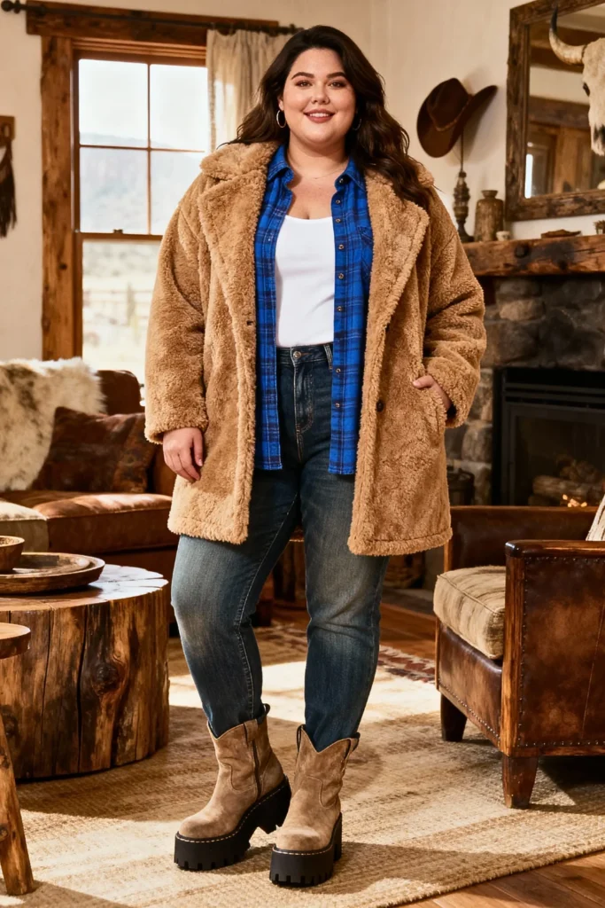 Plus Size Teddy Coat With Flannel And Denim Outfit