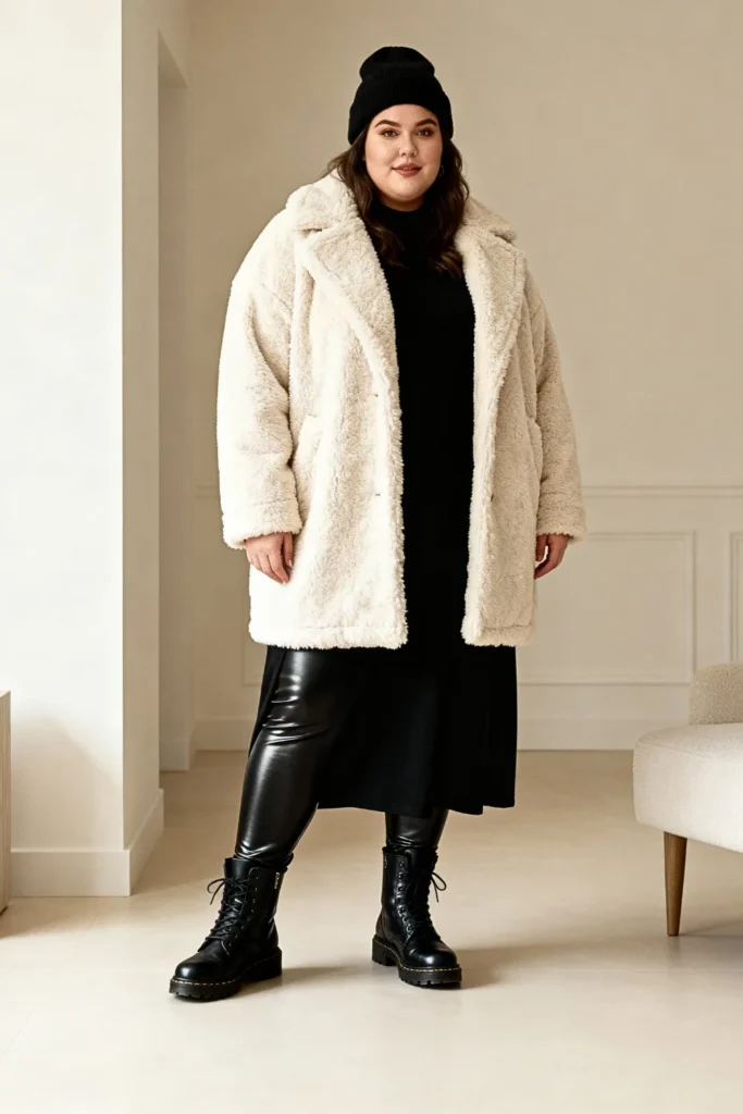 Plus Size Teddy Coat and Leggings Outfit
